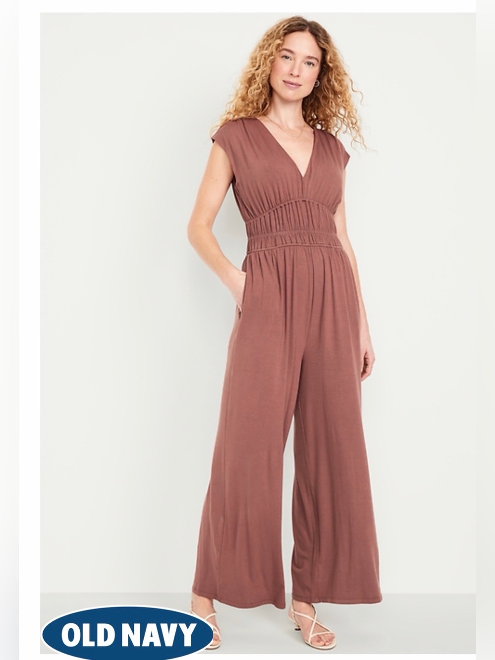 Old Navy Smocked Warm Taupe  V-Neck Wide-Leg Jumpsuit